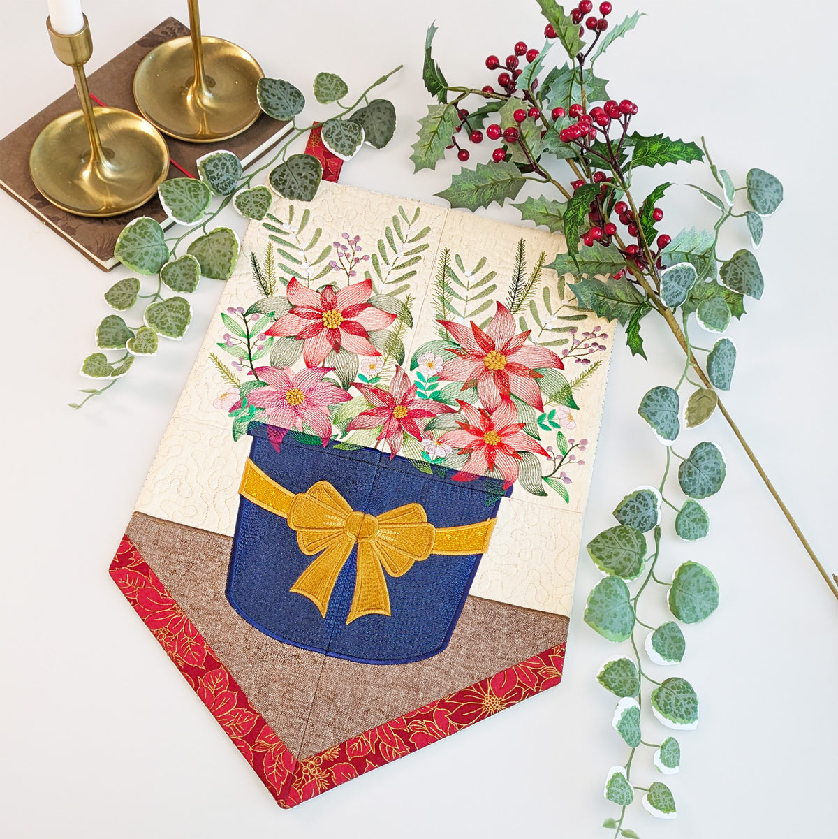 Poinsettia Potted Plant Hanger In the hoop machine embroidery designs