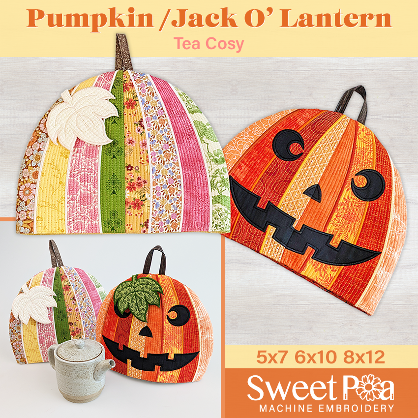 Tea cosies designed like pumpkins and Jack O' Lanterns by Sweet Pea Machine Embroidery