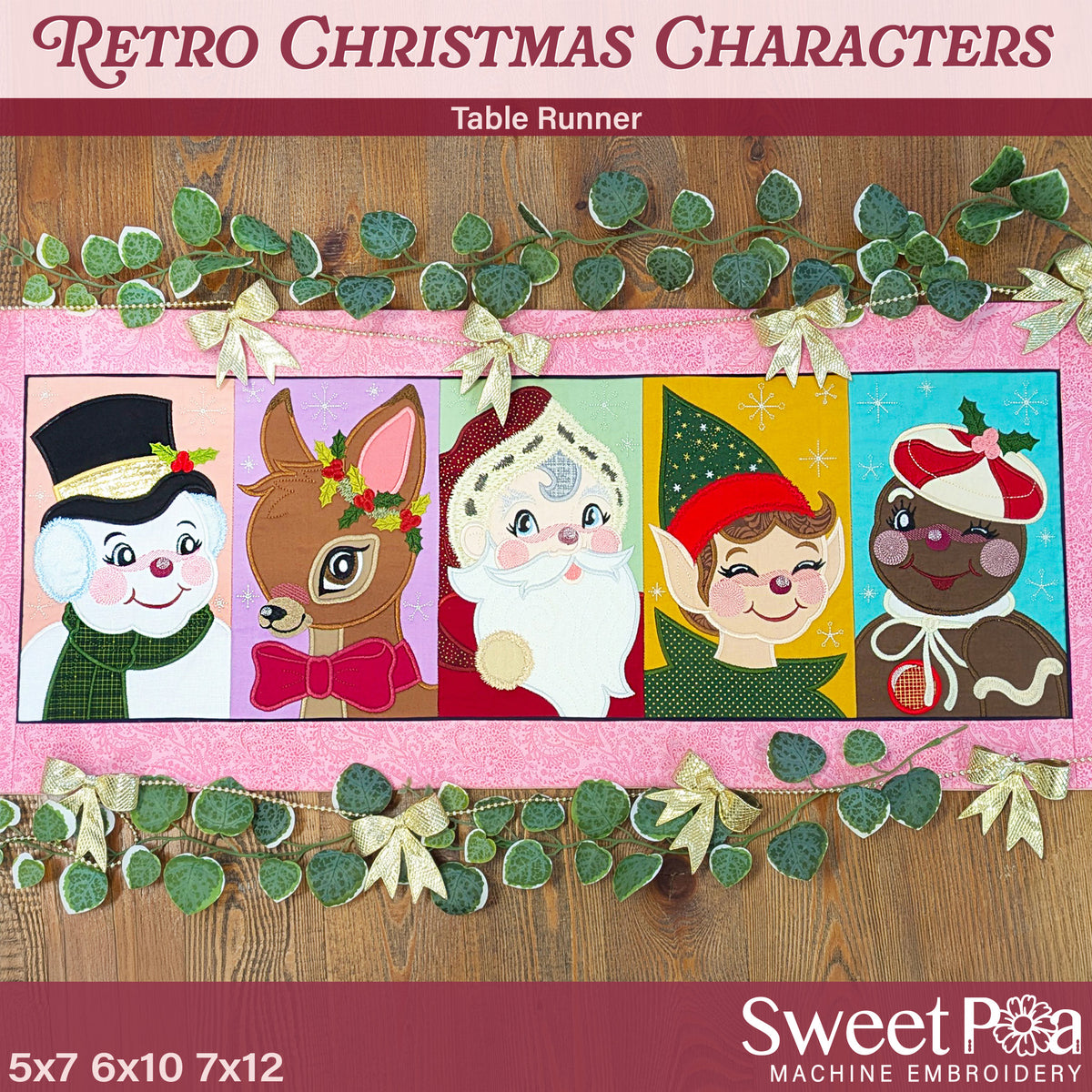 Retro Christmas Characters Table Runner In the hoop machine embroidery designs