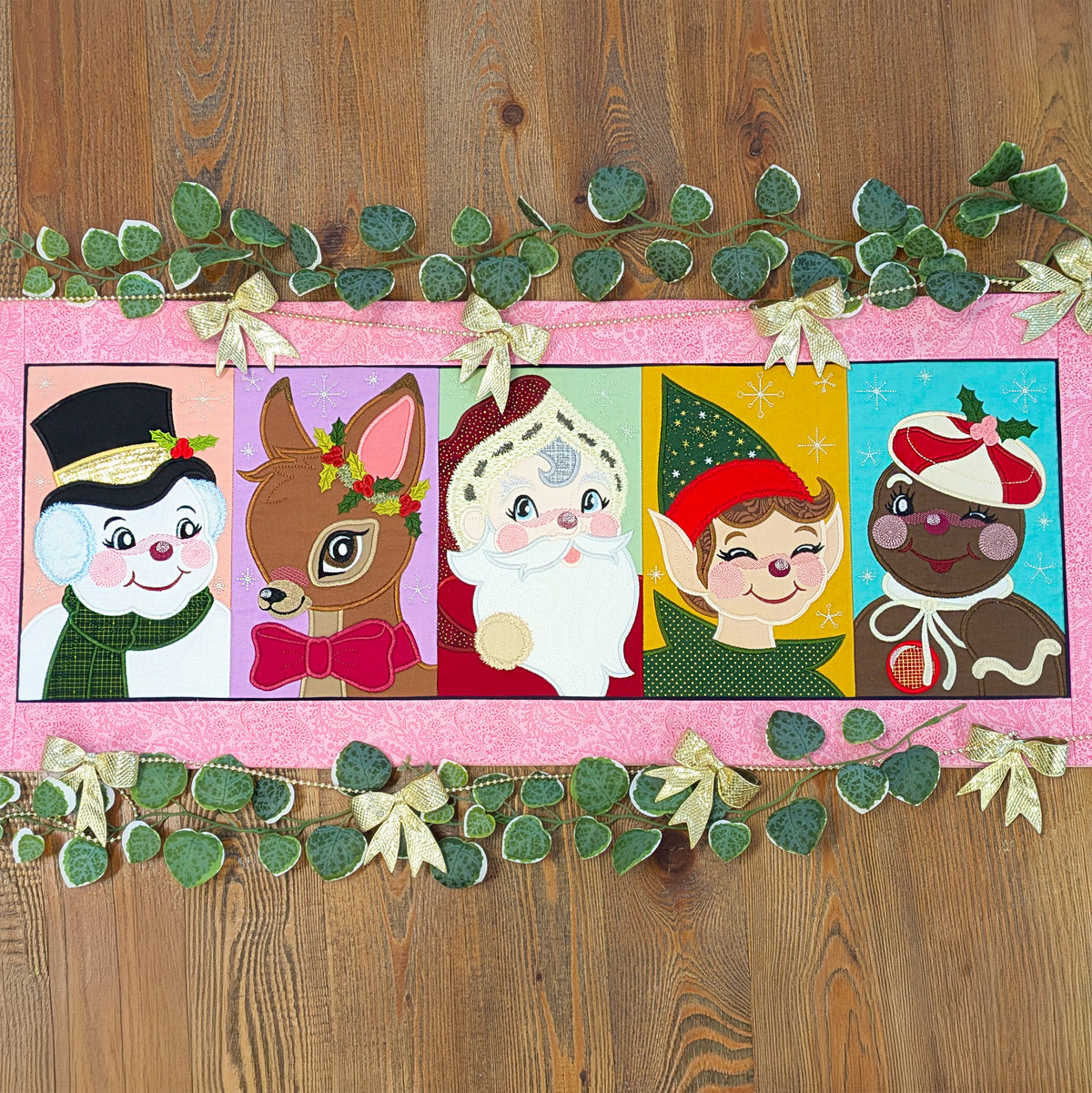 Retro Christmas Characters Table Runner In the hoop machine embroidery designs