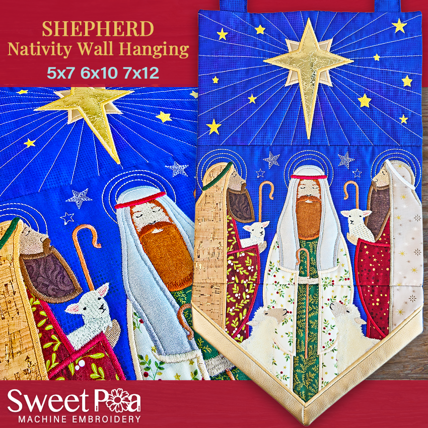 Shepherd Nativity wall hanging with stars and figures on a blue background, featuring Sweet Pea Machine Embroidery branding