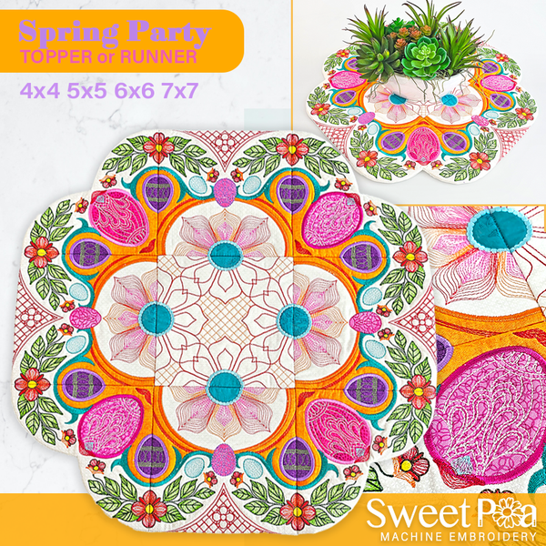 Spring Party Topper or Runner, 4x4 5x5 6x6 7x7, In the hoop embroidery, spring season, design, sweet pea machine embroidery