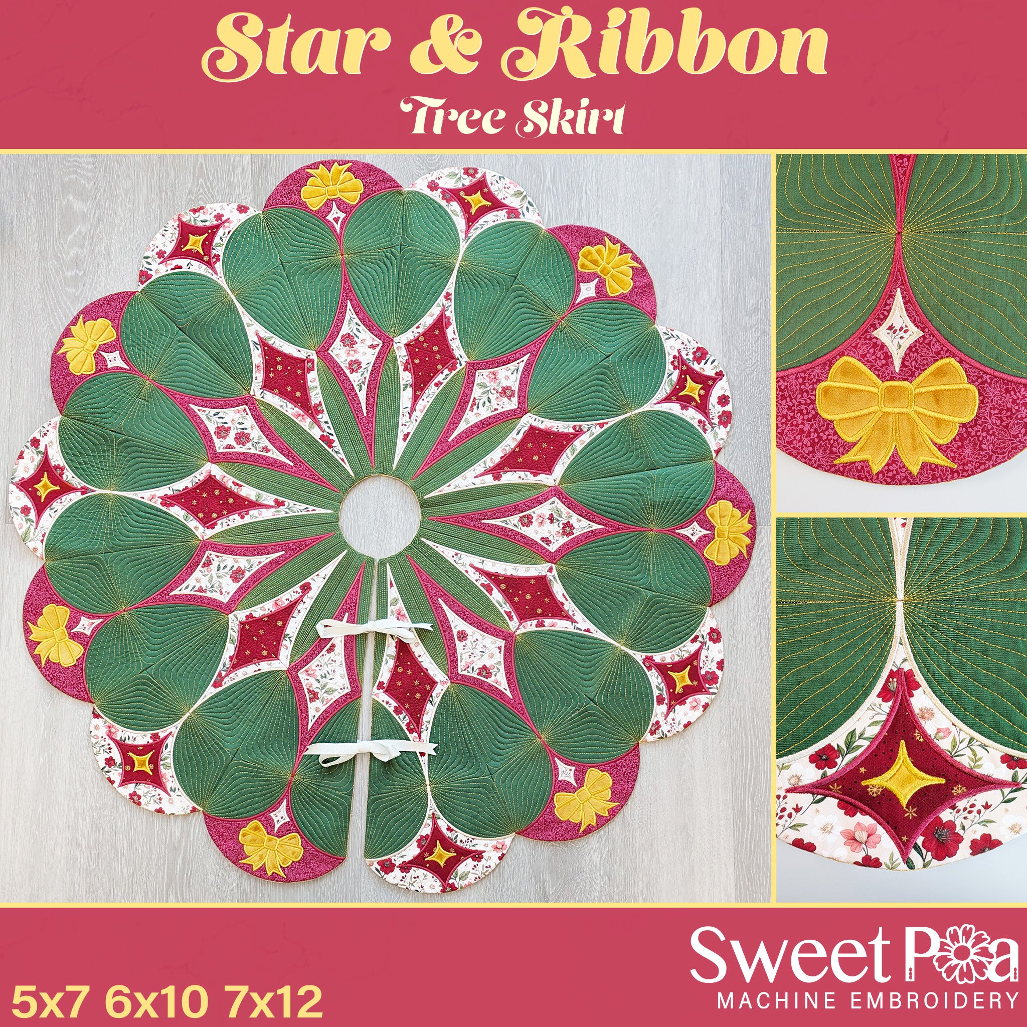 Star and Ribbon Tree Skirt In the hoop machine embroidery designs