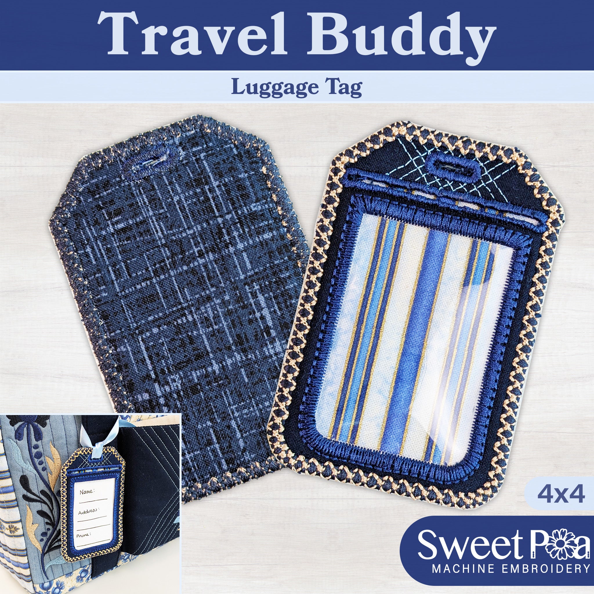 Travel Buddy Luggage Tag In the hoop machine embroidery designs