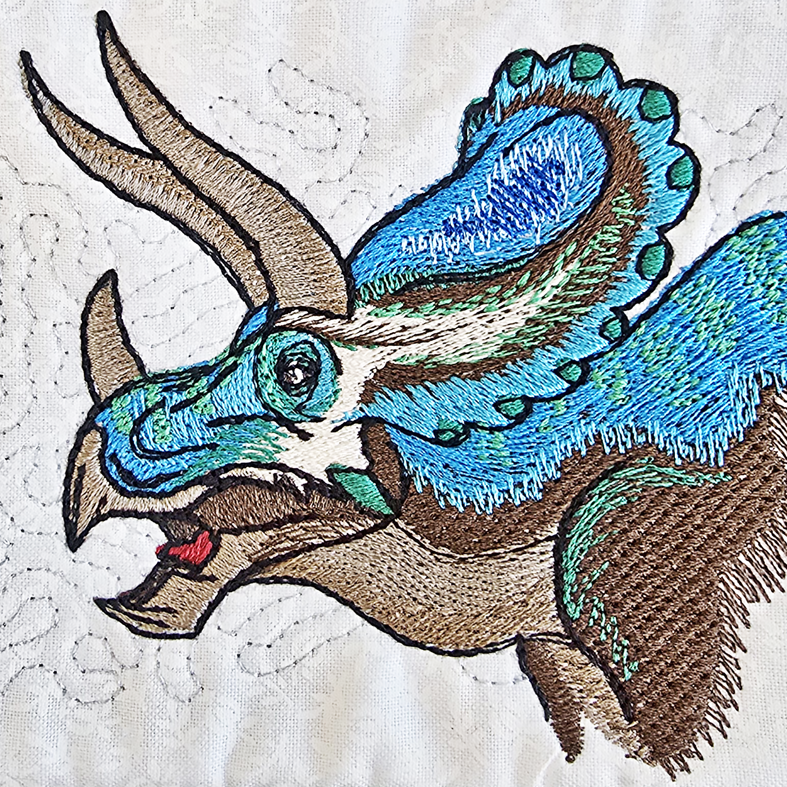 close up of blue triceratops