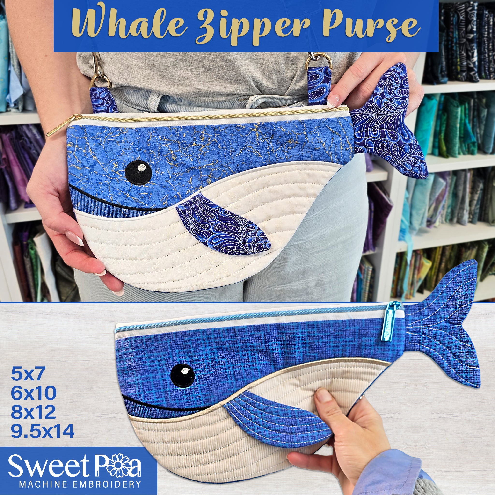 Whale Zipper Purse In the hoop machine embroidery designs