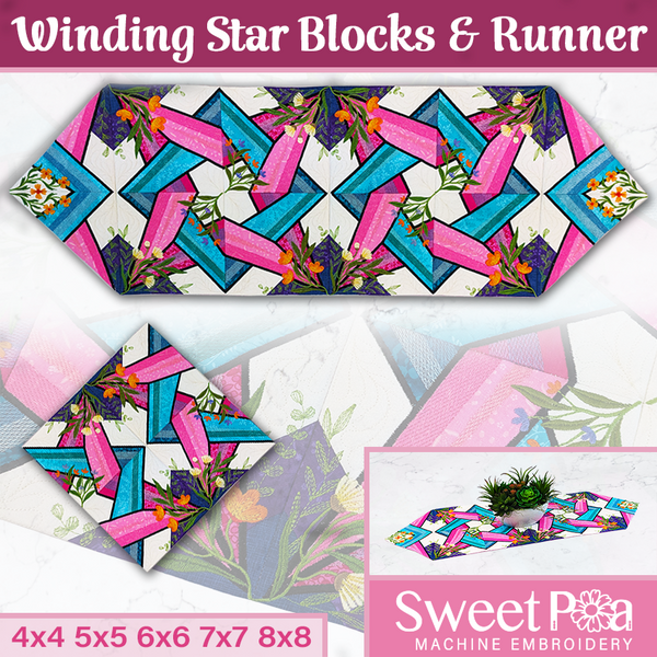 Winding Star Blocks & Runner 4x4 5x5 6x6 7x7 8x8 - Sweet Pea In The Hoop Machine Embroidery Design