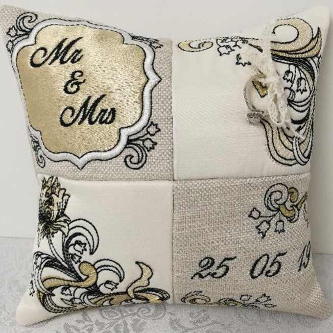 Decorative pillow with 'Mr & Mrs' and date embroidery by sweet pea