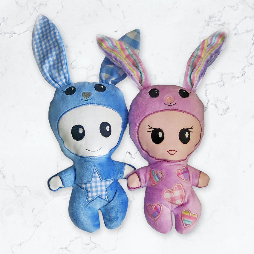Boy and girl bunny onesy stuffed toy doll 6x10 - Sweet Pea Australia In the hoop machine embroidery designs. in the hoop project, in the hoop embroidery designs, craft in the hoop project, diy in the hoop project, diy craft in the hoop project, in the hoop embroidery patterns, design in the hoop patterns, embroidery designs for in the hoop embroidery projects, best in the hoop machine embroidery designs perfect for all hoops and embroidery machines
