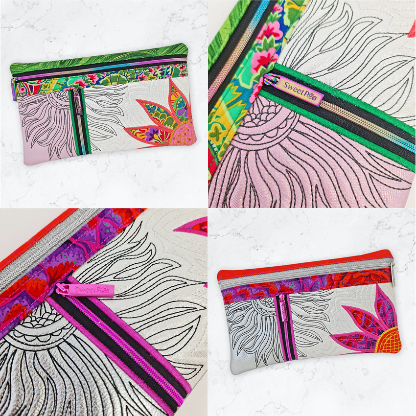 Flower Power Zipper Purse 6x10 7x12 8x12 - Sweet Pea Australia In the hoop machine embroidery designs. in the hoop project, in the hoop embroidery designs, craft in the hoop project, diy in the hoop project, diy craft in the hoop project, in the hoop embroidery patterns, design in the hoop patterns, embroidery designs for in the hoop embroidery projects, best in the hoop machine embroidery designs perfect for all hoops and embroidery machines