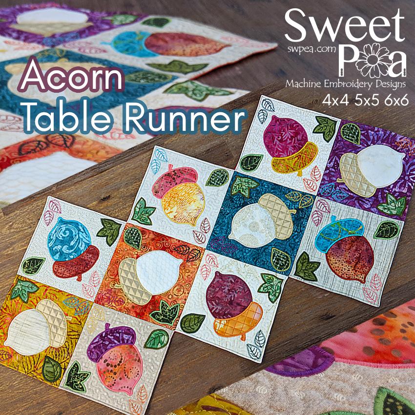 Acorn Table Runner 4x4 5x5 and 6x6 - Sweet Pea Australia In the hoop machine embroidery designs. in the hoop project, in the hoop embroidery designs, craft in the hoop project, diy in the hoop project, diy craft in the hoop project, in the hoop embroidery patterns, design in the hoop patterns, embroidery designs for in the hoop embroidery projects, best in the hoop machine embroidery designs perfect for all hoops and embroidery machines