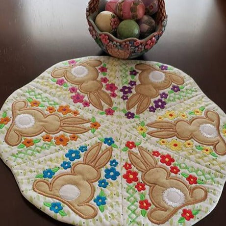 Bunny Table Centre 5x5 6x6 7x7 - Sweet Pea Australia In the hoop machine embroidery designs. in the hoop project, in the hoop embroidery designs, craft in the hoop project, diy in the hoop project, diy craft in the hoop project, in the hoop embroidery patterns, design in the hoop patterns, embroidery designs for in the hoop embroidery projects, best in the hoop machine embroidery designs perfect for all hoops and embroidery machines