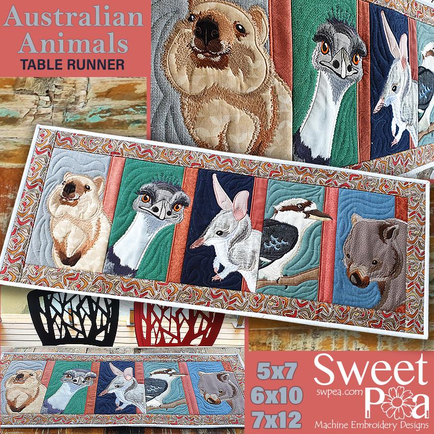 Australian Animals Table Runner 5x7 6x10 7x12 - Sweet Pea Australia In the hoop machine embroidery designs. in the hoop project, in the hoop embroidery designs, craft in the hoop project, diy in the hoop project, diy craft in the hoop project, in the hoop embroidery patterns, design in the hoop patterns, embroidery designs for in the hoop embroidery projects, best in the hoop machine embroidery designs perfect for all hoops and embroidery machines