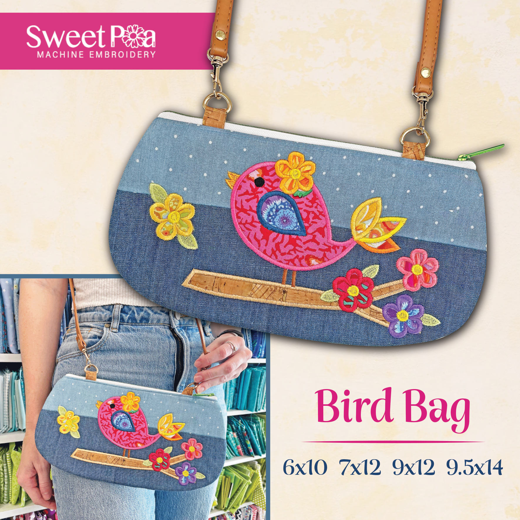 Bird Bag ITH Embroidery Design - 6x10, 7x12, 9x12, 9.5x14