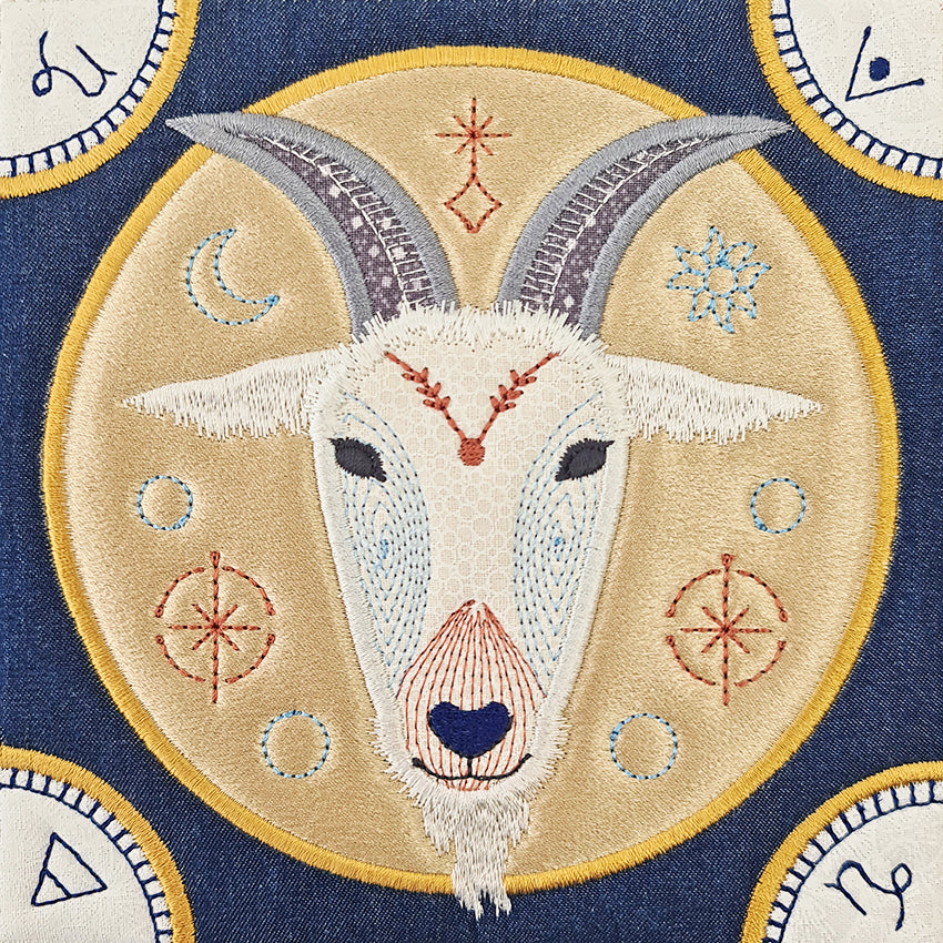 BOM Zodiac Quilt Block 10 - Capricorn - Sweet Pea Australia In the hoop machine embroidery designs. in the hoop project, in the hoop embroidery designs, craft in the hoop project, diy in the hoop project, diy craft in the hoop project, in the hoop embroidery patterns, design in the hoop patterns, embroidery designs for in the hoop embroidery projects, best in the hoop machine embroidery designs perfect for all hoops and embroidery machines
