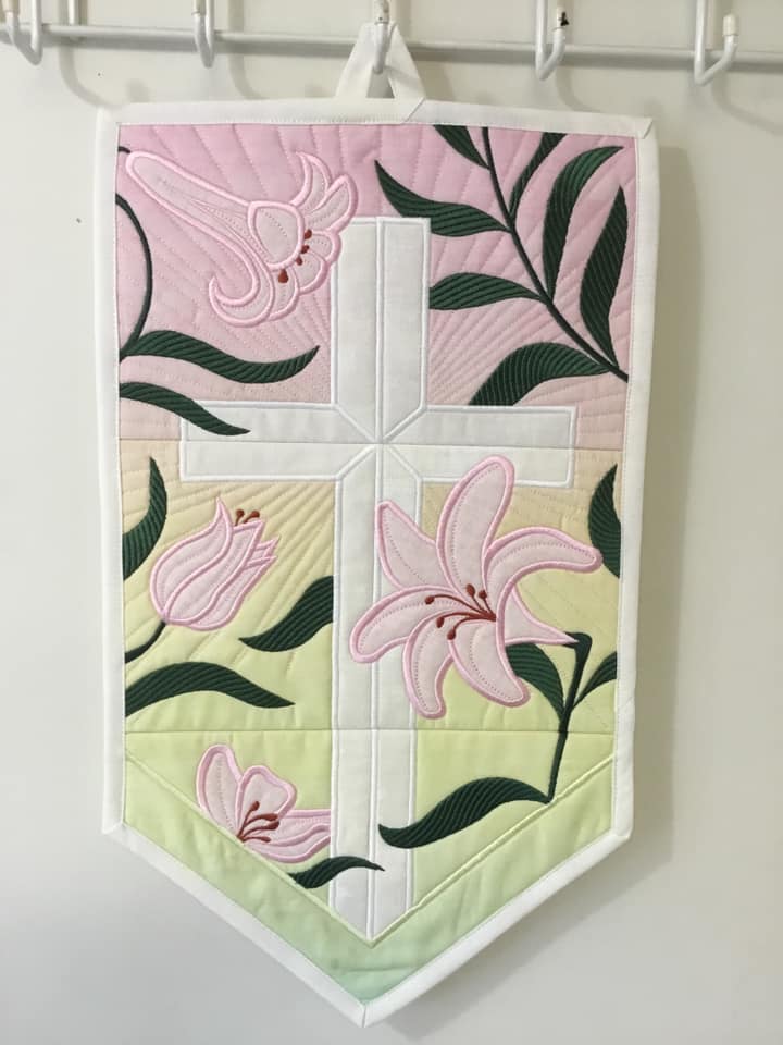 Cross and Easter Lilies Wall Hanging 5x7 6x10 7x12 - Sweet Pea Australia In the hoop machine embroidery designs. in the hoop project, in the hoop embroidery designs, craft in the hoop project, diy in the hoop project, diy craft in the hoop project, in the hoop embroidery patterns, design in the hoop patterns, embroidery designs for in the hoop embroidery projects, best in the hoop machine embroidery designs perfect for all hoops and embroidery machines