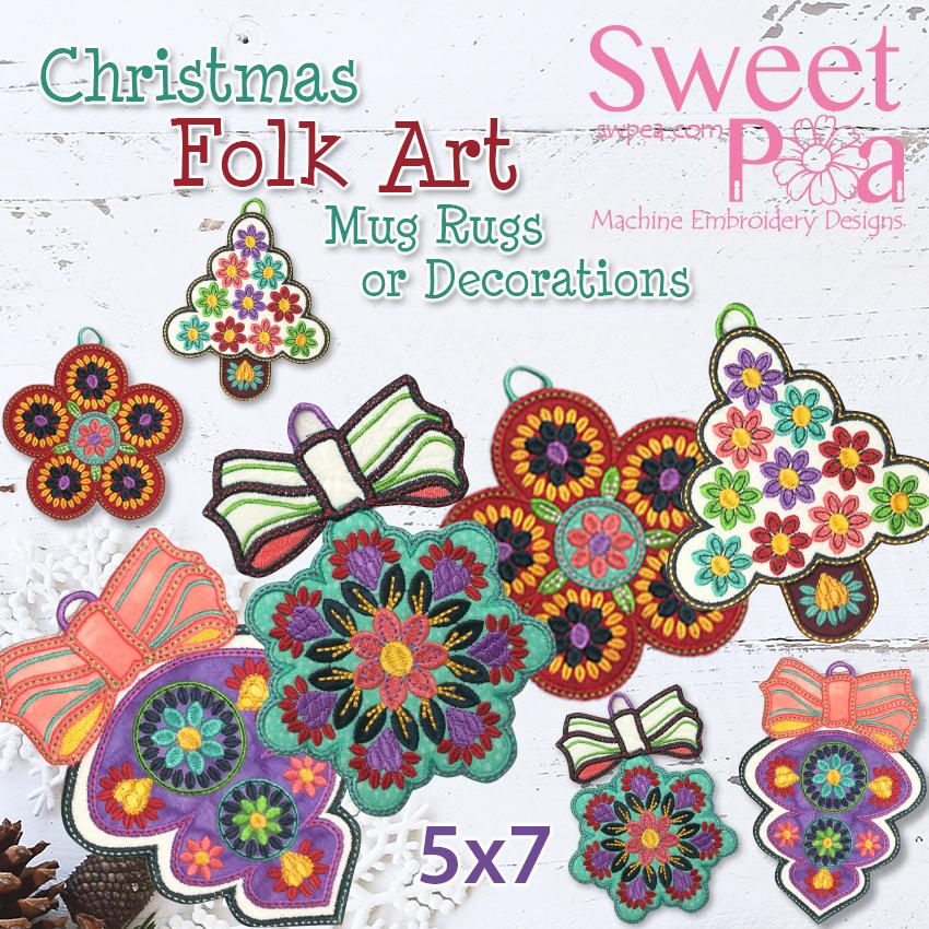 Christmas Folk Art Mug Rugs or Decorations 5x7 - Sweet Pea Australia In the hoop machine embroidery designs. in the hoop project, in the hoop embroidery designs, craft in the hoop project, diy in the hoop project, diy craft in the hoop project, in the hoop embroidery patterns, design in the hoop patterns, embroidery designs for in the hoop embroidery projects, best in the hoop machine embroidery designs perfect for all hoops and embroidery machines