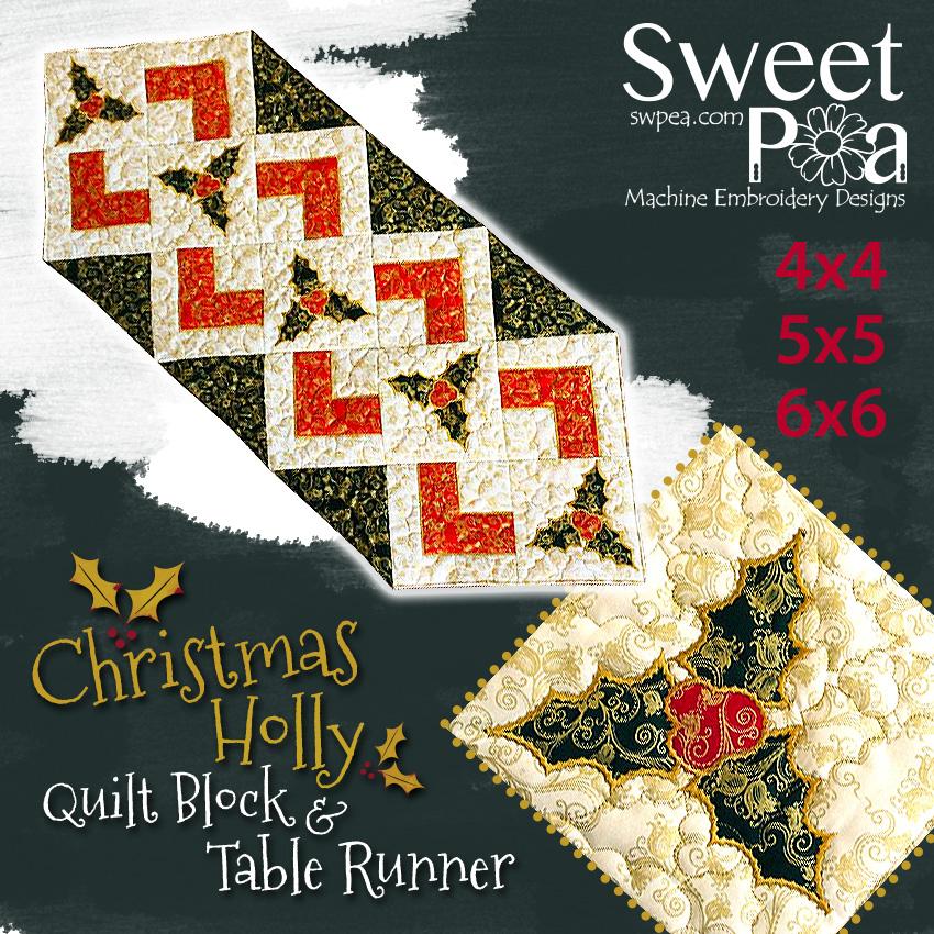 Christmas holly quilt block and table runner 4x4 5x5 6x6 hoop - Sweet Pea Australia In the hoop machine embroidery designs. in the hoop project, in the hoop embroidery designs, craft in the hoop project, diy in the hoop project, diy craft in the hoop project, in the hoop embroidery patterns, design in the hoop patterns, embroidery designs for in the hoop embroidery projects, best in the hoop machine embroidery designs perfect for all hoops and embroidery machines