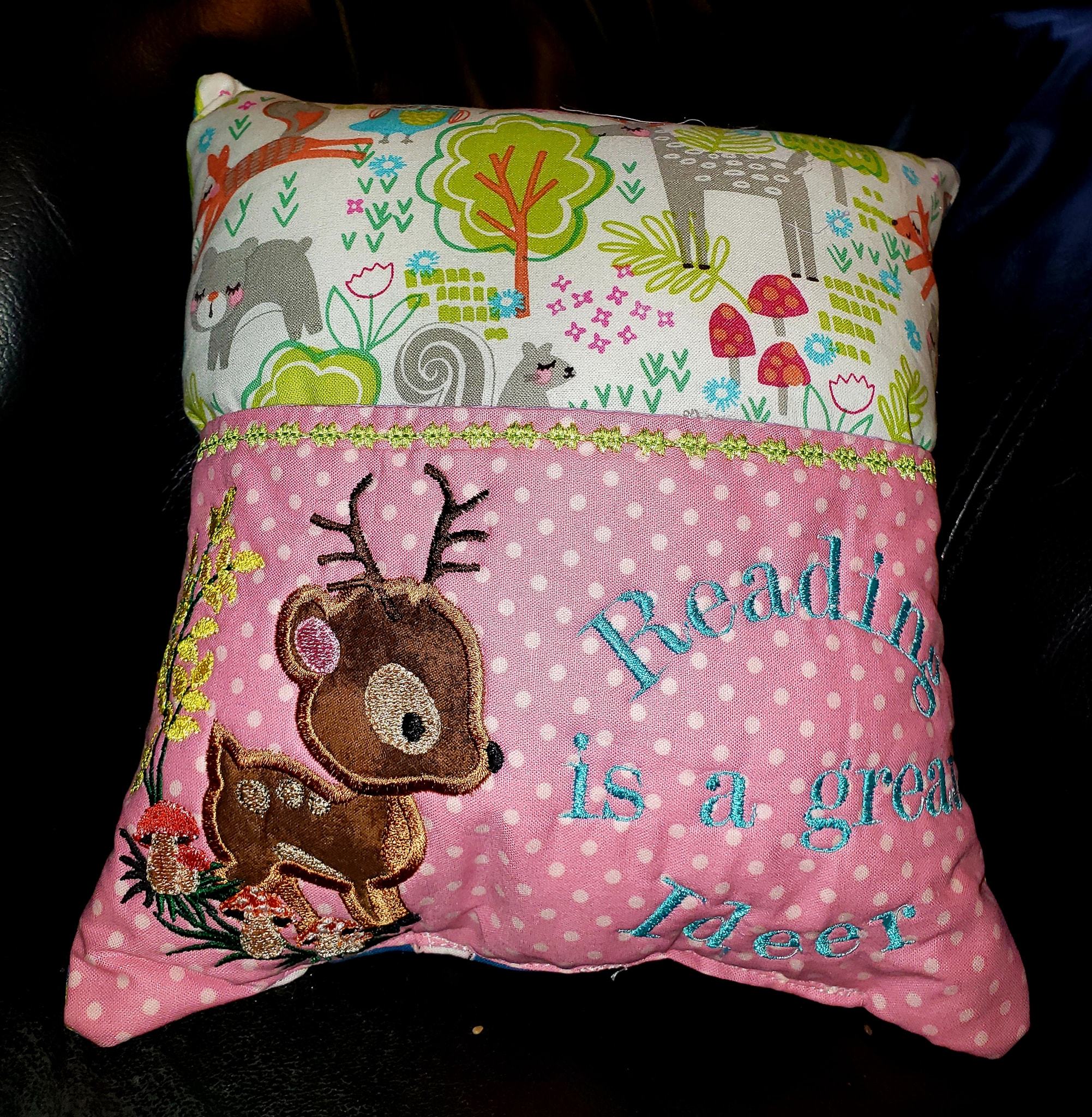 Deer Reading Pillow 5x7, 6x10 8x12 - Sweet Pea Australia In the hoop machine embroidery designs. in the hoop project, in the hoop embroidery designs, craft in the hoop project, diy in the hoop project, diy craft in the hoop project, in the hoop embroidery patterns, design in the hoop patterns, embroidery designs for in the hoop embroidery projects, best in the hoop machine embroidery designs perfect for all hoops and embroidery machines