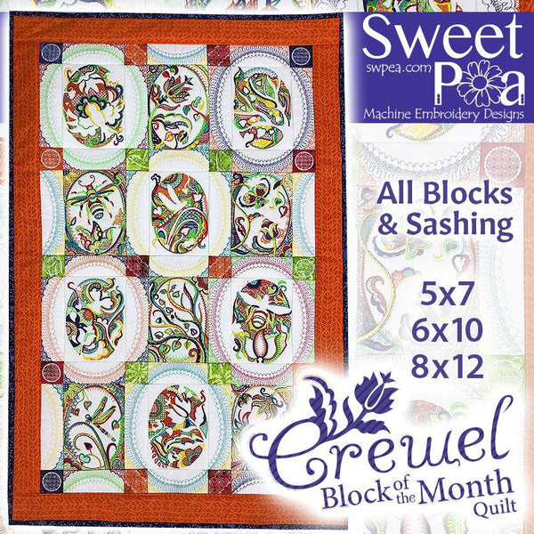 Bulk BOM Crewel quilt blocks 1 to 12 and Borders and Sashing - Sweet Pea