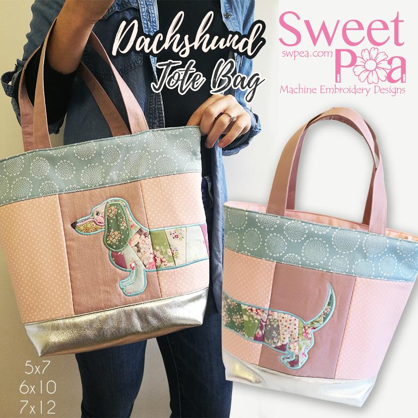 Dachshund Tote bag dog in the hoop machine embroidery design ITH