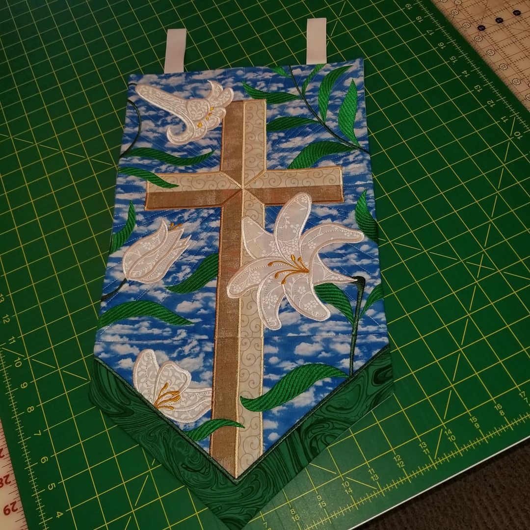 Cross and Easter Lilies Wall Hanging 5x7 6x10 7x12 - Sweet Pea Australia In the hoop machine embroidery designs. in the hoop project, in the hoop embroidery designs, craft in the hoop project, diy in the hoop project, diy craft in the hoop project, in the hoop embroidery patterns, design in the hoop patterns, embroidery designs for in the hoop embroidery projects, best in the hoop machine embroidery designs perfect for all hoops and embroidery machines