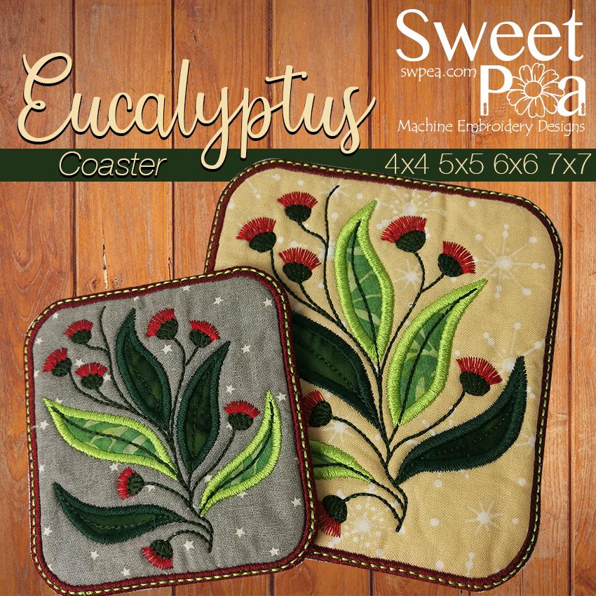 Eucalyptus Coaster 4x4 5x5 6x6 7x7 - Sweet Pea Australia In the hoop machine embroidery designs. in the hoop project, in the hoop embroidery designs, craft in the hoop project, diy in the hoop project, diy craft in the hoop project, in the hoop embroidery patterns, design in the hoop patterns, embroidery designs for in the hoop embroidery projects, best in the hoop machine embroidery designs perfect for all hoops and embroidery machines