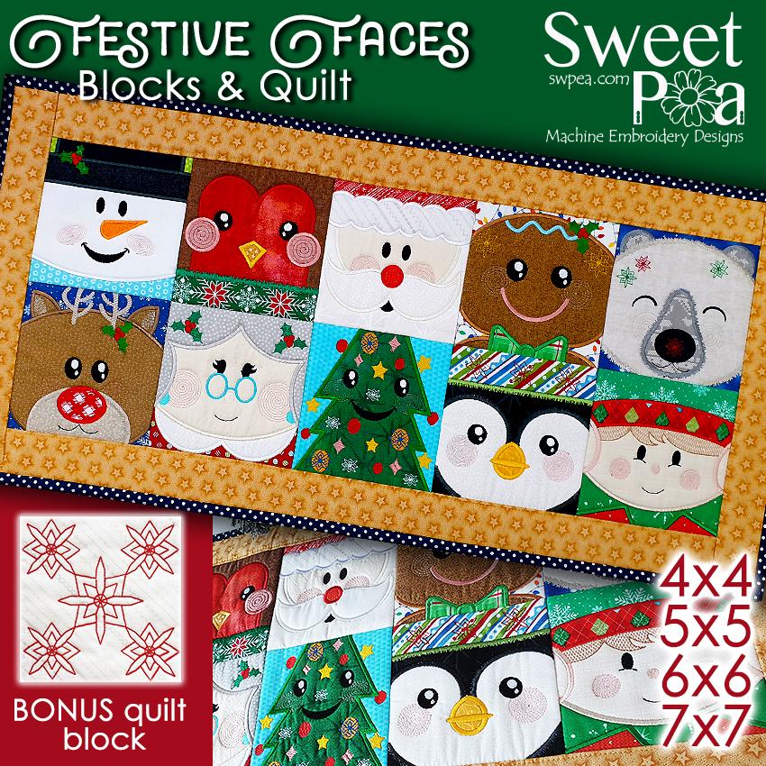 Festive Faces Blocks and Quilt 4x4 5x5 6x6 and 7x7 - Sweet Pea Australia In the hoop machine embroidery designs. in the hoop project, in the hoop embroidery designs, craft in the hoop project, diy in the hoop project, diy craft in the hoop project, in the hoop embroidery patterns, design in the hoop patterns, embroidery designs for in the hoop embroidery projects, best in the hoop machine embroidery designs perfect for all hoops and embroidery machines