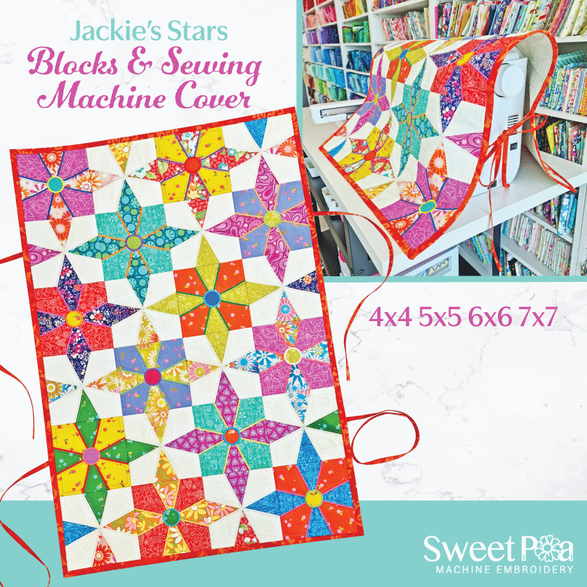 Jackie's Star Sewing Machine Cover and Quilt Block 4x4 5x5 6x6 and 7x7 - Sweet Pea Australia In the hoop machine embroidery designs. in the hoop project, in the hoop embroidery designs, craft in the hoop project, diy in the hoop project, diy craft in the hoop project, in the hoop embroidery patterns, design in the hoop patterns, embroidery designs for in the hoop embroidery projects, best in the hoop machine embroidery designs perfect for all hoops and embroidery machines