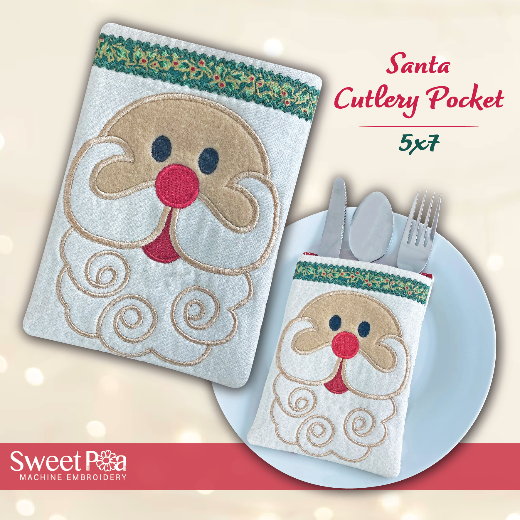 Christmas Embroidery Designs (5x7 Hoop) - Santa Cutlery Holder