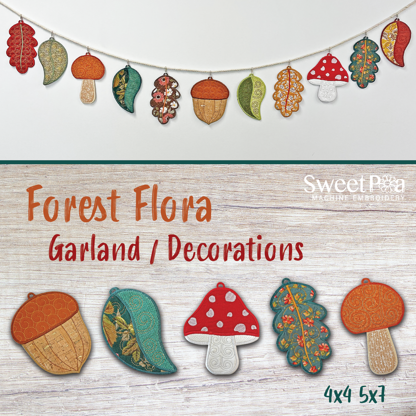 Forest Flora Garland/Decorations 4x4 5x7 - Sweet Pea Australia In the hoop machine embroidery designs. in the hoop project, in the hoop embroidery designs, craft in the hoop project, diy in the hoop project, diy craft in the hoop project, in the hoop embroidery patterns, design in the hoop patterns, embroidery designs for in the hoop embroidery projects, best in the hoop machine embroidery designs perfect for all hoops and embroidery machines