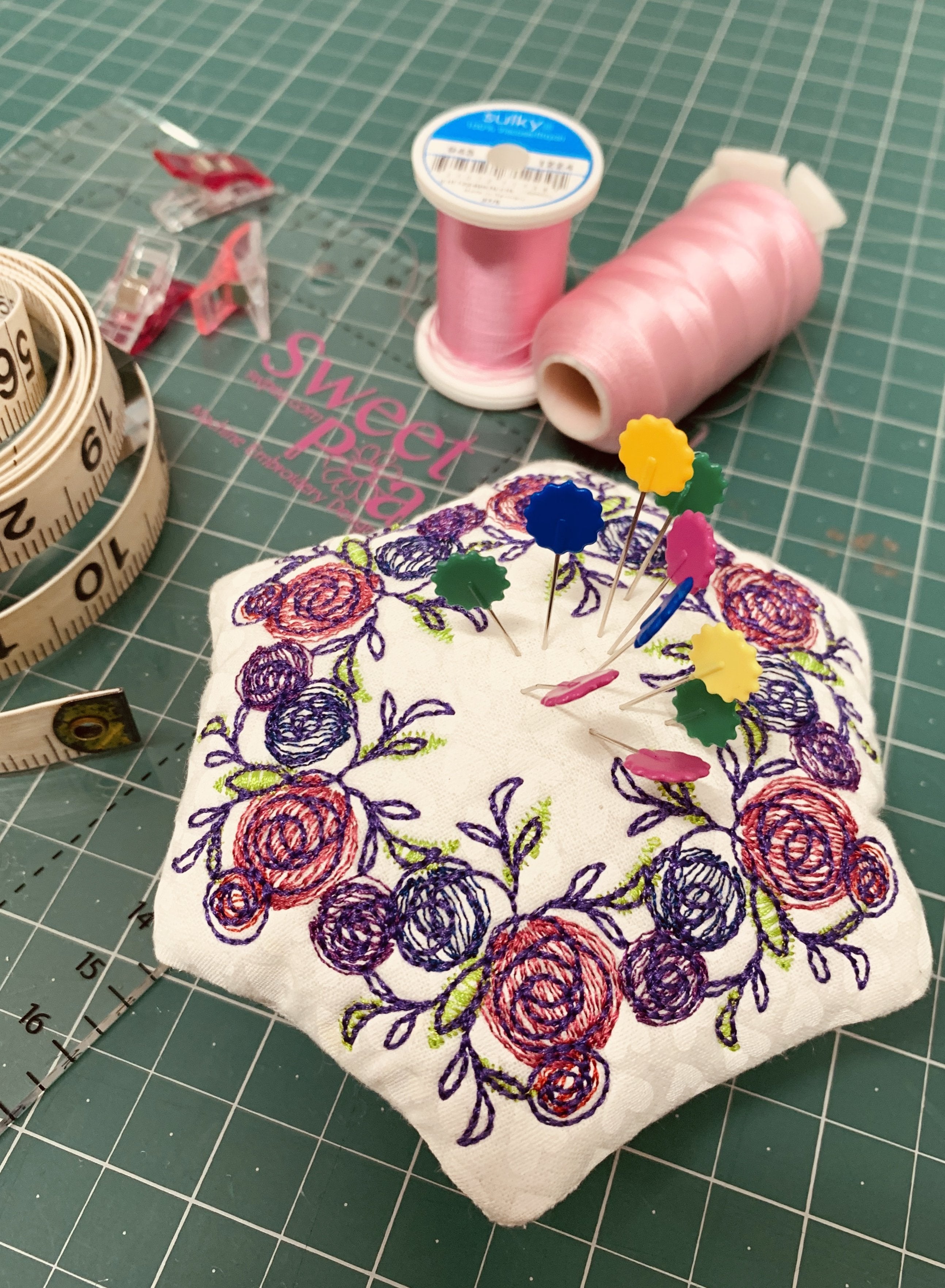 Floral Wreath Pin Cushion 4x4 5x5 6x6 - Sweet Pea Australia In the hoop machine embroidery designs. in the hoop project, in the hoop embroidery designs, craft in the hoop project, diy in the hoop project, diy craft in the hoop project, in the hoop embroidery patterns, design in the hoop patterns, embroidery designs for in the hoop embroidery projects, best in the hoop machine embroidery designs perfect for all hoops and embroidery machines