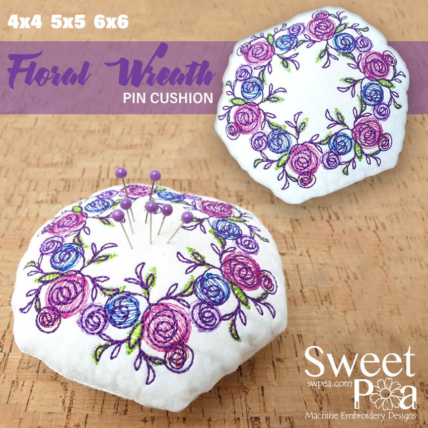 Floral Wreath Pin Cushion 4x4 5x5 6x6 - Sweet Pea Australia In the hoop machine embroidery designs. in the hoop project, in the hoop embroidery designs, craft in the hoop project, diy in the hoop project, diy craft in the hoop project, in the hoop embroidery patterns, design in the hoop patterns, embroidery designs for in the hoop embroidery projects, best in the hoop machine embroidery designs perfect for all hoops and embroidery machines