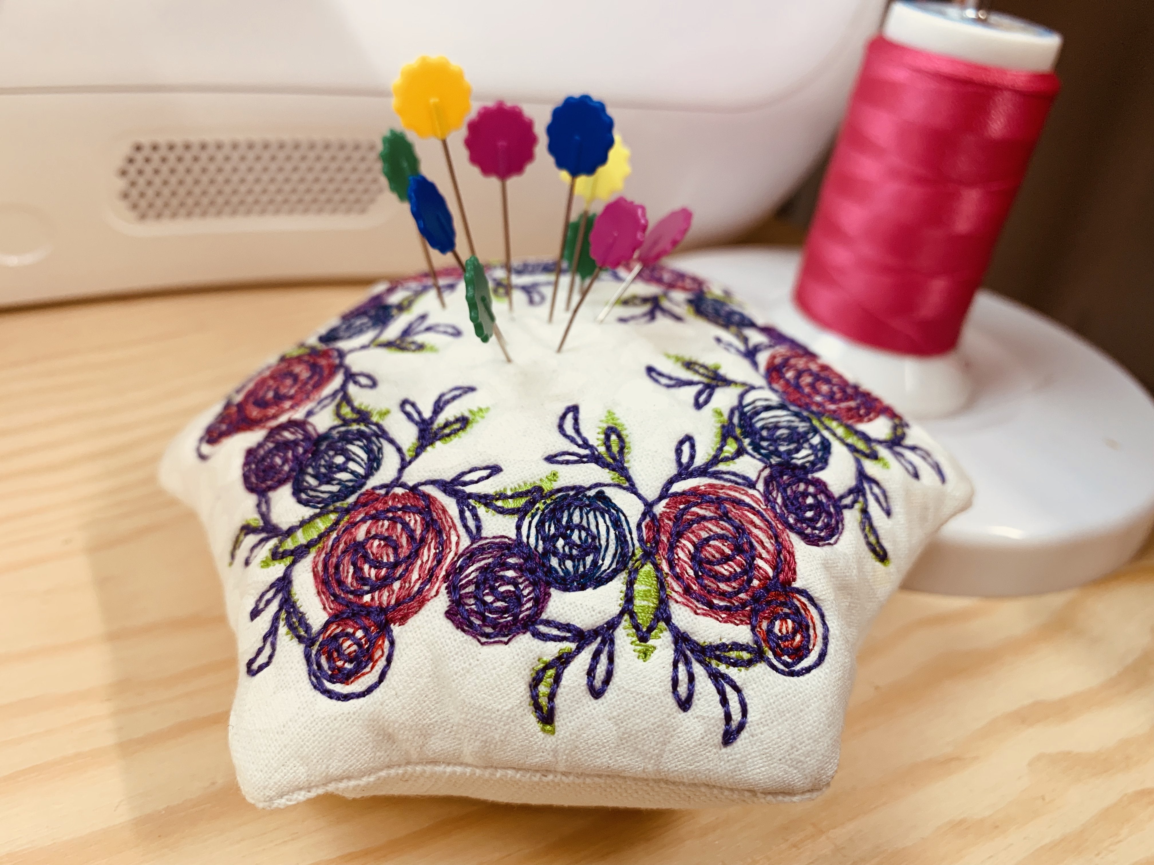 Floral Wreath Pin Cushion 4x4 5x5 6x6 - Sweet Pea Australia In the hoop machine embroidery designs. in the hoop project, in the hoop embroidery designs, craft in the hoop project, diy in the hoop project, diy craft in the hoop project, in the hoop embroidery patterns, design in the hoop patterns, embroidery designs for in the hoop embroidery projects, best in the hoop machine embroidery designs perfect for all hoops and embroidery machines