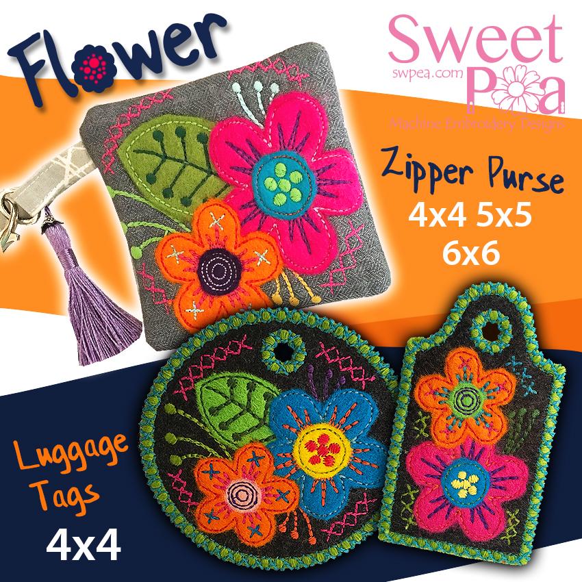 Flower luggage tags and Zipper Purse 4x4 5x5 6x6 - Sweet Pea Australia In the hoop machine embroidery designs. in the hoop project, in the hoop embroidery designs, craft in the hoop project, diy in the hoop project, diy craft in the hoop project, in the hoop embroidery patterns, design in the hoop patterns, embroidery designs for in the hoop embroidery projects, best in the hoop machine embroidery designs perfect for all hoops and embroidery machines