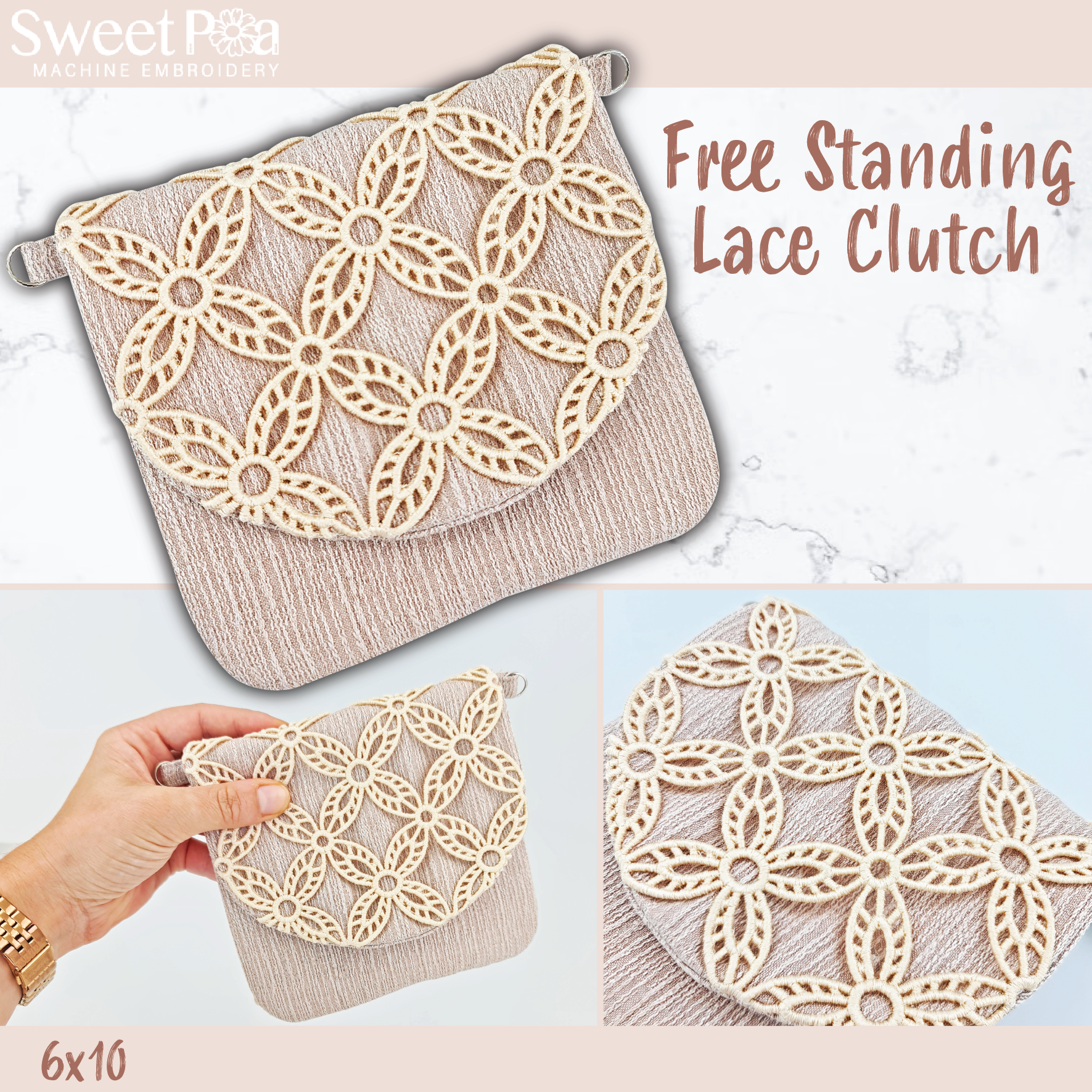 Free Standing Lace FSL Clutch in the hoop machine embroidery design