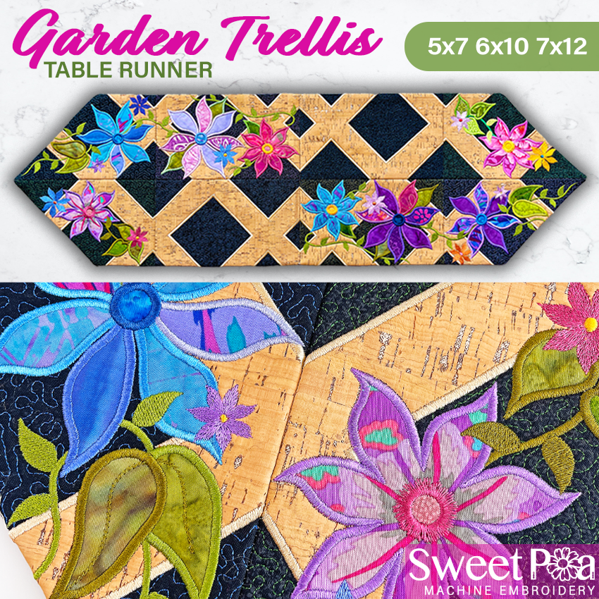 Garden Trellis Table Runner 5x7 6x10 7x12 In the hoop machine embroidery designs