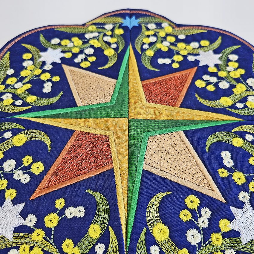 Golden wattle table topper - Sweet Pea Machine Embroidery In the hoop machine embroidery designs. in the hoop project, in the hoop embroidery designs, craft in the hoop project, diy in the hoop project, diy craft in the hoop project, in the hoop embroidery patterns, design in the hoop patterns, embroidery designs for in the hoop embroidery projects, best in the hoop machine embroidery designs perfect for all hoops and embroidery machines