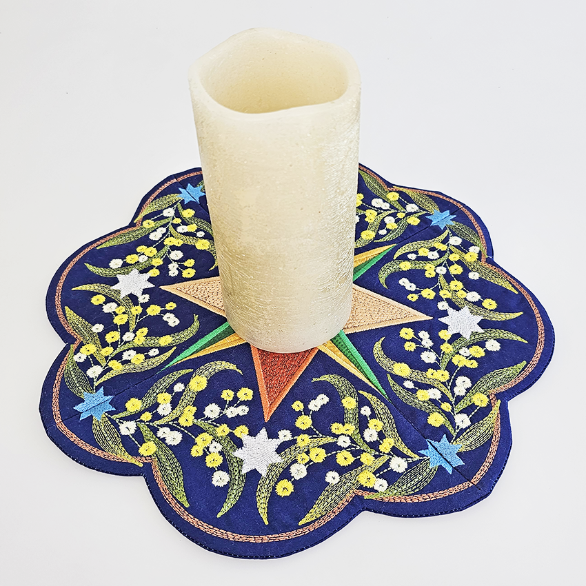 Golden wattle table topper - Sweet Pea Machine Embroidery In the hoop machine embroidery designs. in the hoop project, in the hoop embroidery designs, craft in the hoop project, diy in the hoop project, diy craft in the hoop project, in the hoop embroidery patterns, design in the hoop patterns, embroidery designs for in the hoop embroidery projects, best in the hoop machine embroidery designs perfect for all hoops and embroidery machines