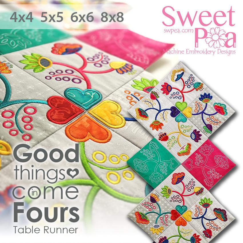 Good Things Come in Fours Table Runner 4x4 5x5 6x6 8x8 - Sweet Pea Australia In the hoop machine embroidery designs. in the hoop project, in the hoop embroidery designs, craft in the hoop project, diy in the hoop project, diy craft in the hoop project, in the hoop embroidery patterns, design in the hoop patterns, embroidery designs for in the hoop embroidery projects, best in the hoop machine embroidery designs perfect for all hoops and embroidery machines
