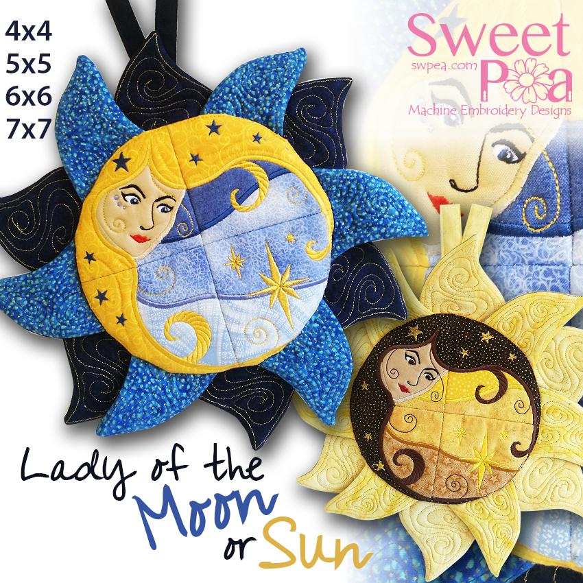 Lady of the Moon or Sun Wall Hanging 4x4 5x5 6x6 7x7 - Sweet Pea Australia In the hoop machine embroidery designs. in the hoop project, in the hoop embroidery designs, craft in the hoop project, diy in the hoop project, diy craft in the hoop project, in the hoop embroidery patterns, design in the hoop patterns, embroidery designs for in the hoop embroidery projects, best in the hoop machine embroidery designs perfect for all hoops and embroidery machines
