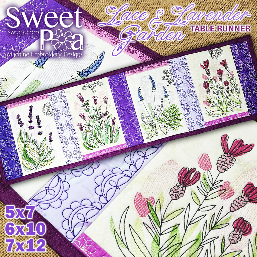 Lace and Lavender Garden Table Runner 5x7 6x10 7x12 - Sweet Pea Australia In the hoop machine embroidery designs. in the hoop project, in the hoop embroidery designs, craft in the hoop project, diy in the hoop project, diy craft in the hoop project, in the hoop embroidery patterns, design in the hoop patterns, embroidery designs for in the hoop embroidery projects, best in the hoop machine embroidery designs perfect for all hoops and embroidery machines