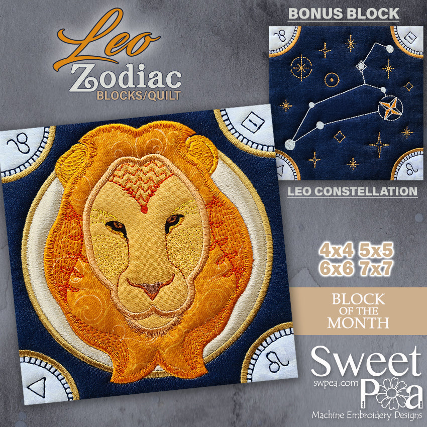 BOM Zodiac Quilt Block 5 - Leo - Sweet Pea Australia In the hoop machine embroidery designs. in the hoop project, in the hoop embroidery designs, craft in the hoop project, diy in the hoop project, diy craft in the hoop project, in the hoop embroidery patterns, design in the hoop patterns, embroidery designs for in the hoop embroidery projects, best in the hoop machine embroidery designs perfect for all hoops and embroidery machines