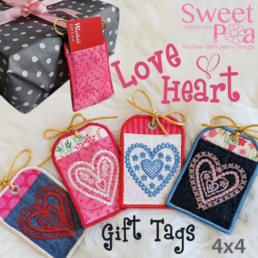 Love Heart Gift Tags Set of Four 4x4 - Sweet Pea Australia In the hoop machine embroidery designs. in the hoop project, in the hoop embroidery designs, craft in the hoop project, diy in the hoop project, diy craft in the hoop project, in the hoop embroidery patterns, design in the hoop patterns, embroidery designs for in the hoop embroidery projects, best in the hoop machine embroidery designs perfect for all hoops and embroidery machines