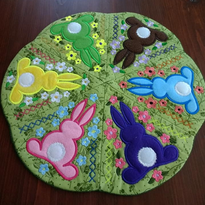 Bunny Table Centre 5x5 6x6 7x7 - Sweet Pea Australia In the hoop machine embroidery designs. in the hoop project, in the hoop embroidery designs, craft in the hoop project, diy in the hoop project, diy craft in the hoop project, in the hoop embroidery patterns, design in the hoop patterns, embroidery designs for in the hoop embroidery projects, best in the hoop machine embroidery designs perfect for all hoops and embroidery machines