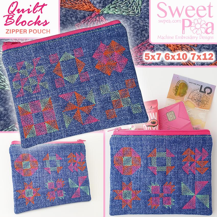 Quilt Blocks Zipper Pouch 5x7 6x10 7x12 - Sweet Pea Australia In the hoop machine embroidery designs. in the hoop project, in the hoop embroidery designs, craft in the hoop project, diy in the hoop project, diy craft in the hoop project, in the hoop embroidery patterns, design in the hoop patterns, embroidery designs for in the hoop embroidery projects, best in the hoop machine embroidery designs perfect for all hoops and embroidery machines