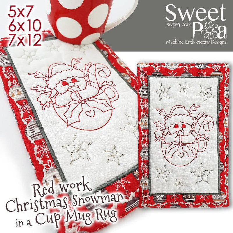 Snowman Redwork Mugrug 5x7 6x10 7x12 - Sweet Pea
