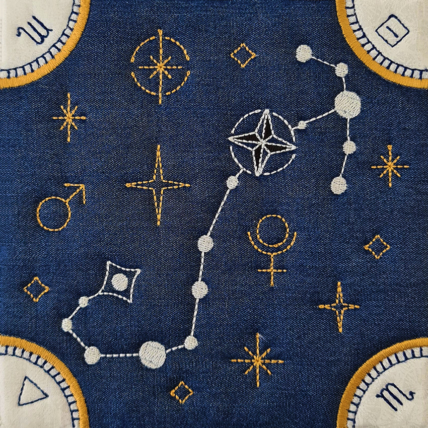 BOM Zodiac Quilt Block 8 - Scorpio - Sweet Pea Australia In the hoop machine embroidery designs. in the hoop project, in the hoop embroidery designs, craft in the hoop project, diy in the hoop project, diy craft in the hoop project, in the hoop embroidery patterns, design in the hoop patterns, embroidery designs for in the hoop embroidery projects, best in the hoop machine embroidery designs perfect for all hoops and embroidery machines