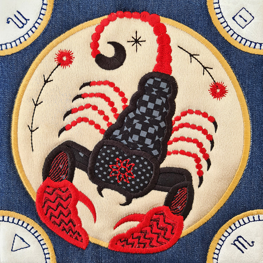 BOM Zodiac Quilt Block 8 - Scorpio - Sweet Pea Australia In the hoop machine embroidery designs. in the hoop project, in the hoop embroidery designs, craft in the hoop project, diy in the hoop project, diy craft in the hoop project, in the hoop embroidery patterns, design in the hoop patterns, embroidery designs for in the hoop embroidery projects, best in the hoop machine embroidery designs perfect for all hoops and embroidery machines