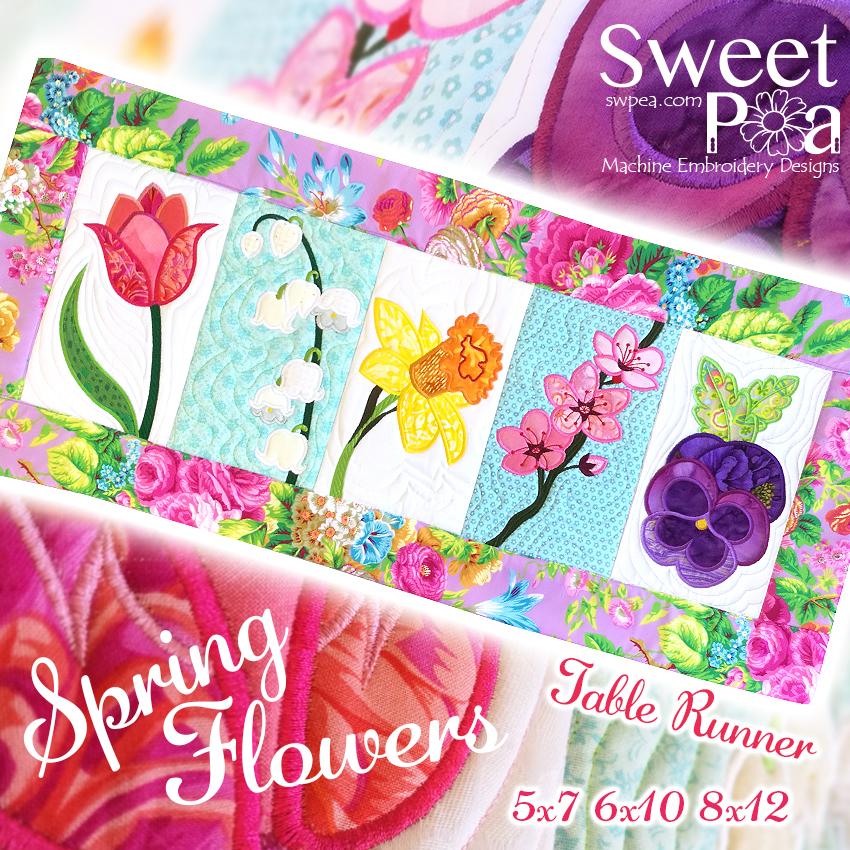 Spring Flowers Table Runner 5x7 6x10 8x12 - Sweet Pea Australia In the hoop machine embroidery designs. in the hoop project, in the hoop embroidery designs, craft in the hoop project, diy in the hoop project, diy craft in the hoop project, in the hoop embroidery patterns, design in the hoop patterns, embroidery designs for in the hoop embroidery projects, best in the hoop machine embroidery designs perfect for all hoops and embroidery machines